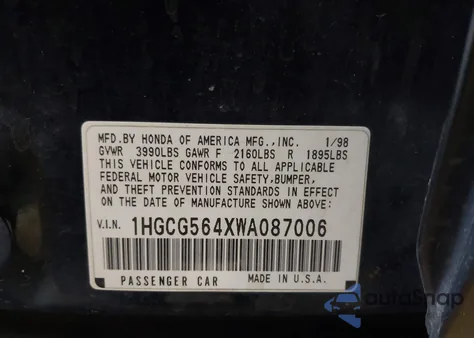 1998 Honda Accord Lx z USA, uszkodzony, nr VIN 1HGCG564XWA087006